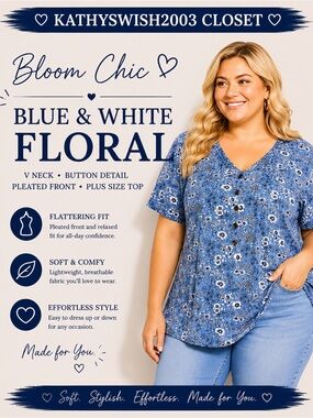 Bloom Chic Blue & White Floral V Neck Button Detail Pleated Front Plus S…